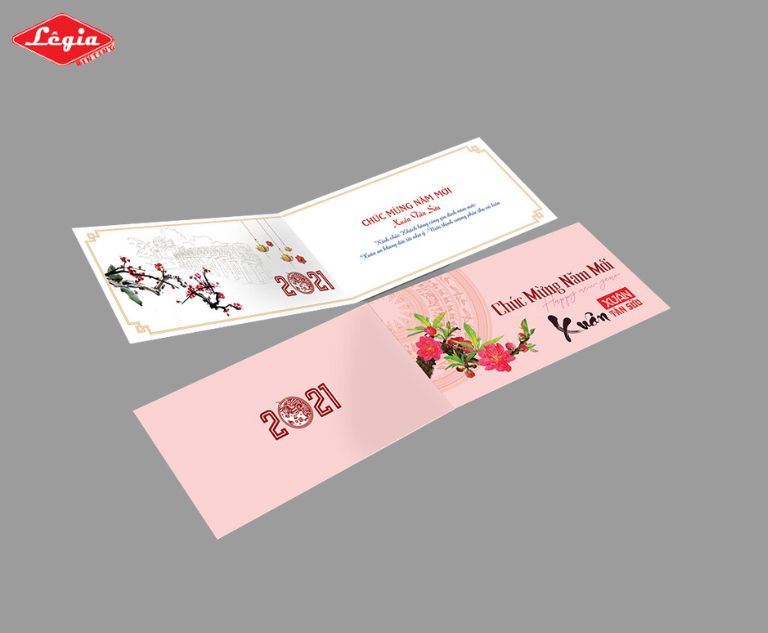 xưởng in Lê Gia Mẫu thiệp Tết màu hồng nhẹ nhàng, sắc nét