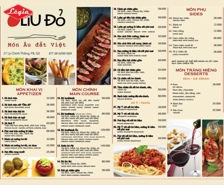 menu nhà hàng Menu dành cho nhà hàng phục vụ món Tây