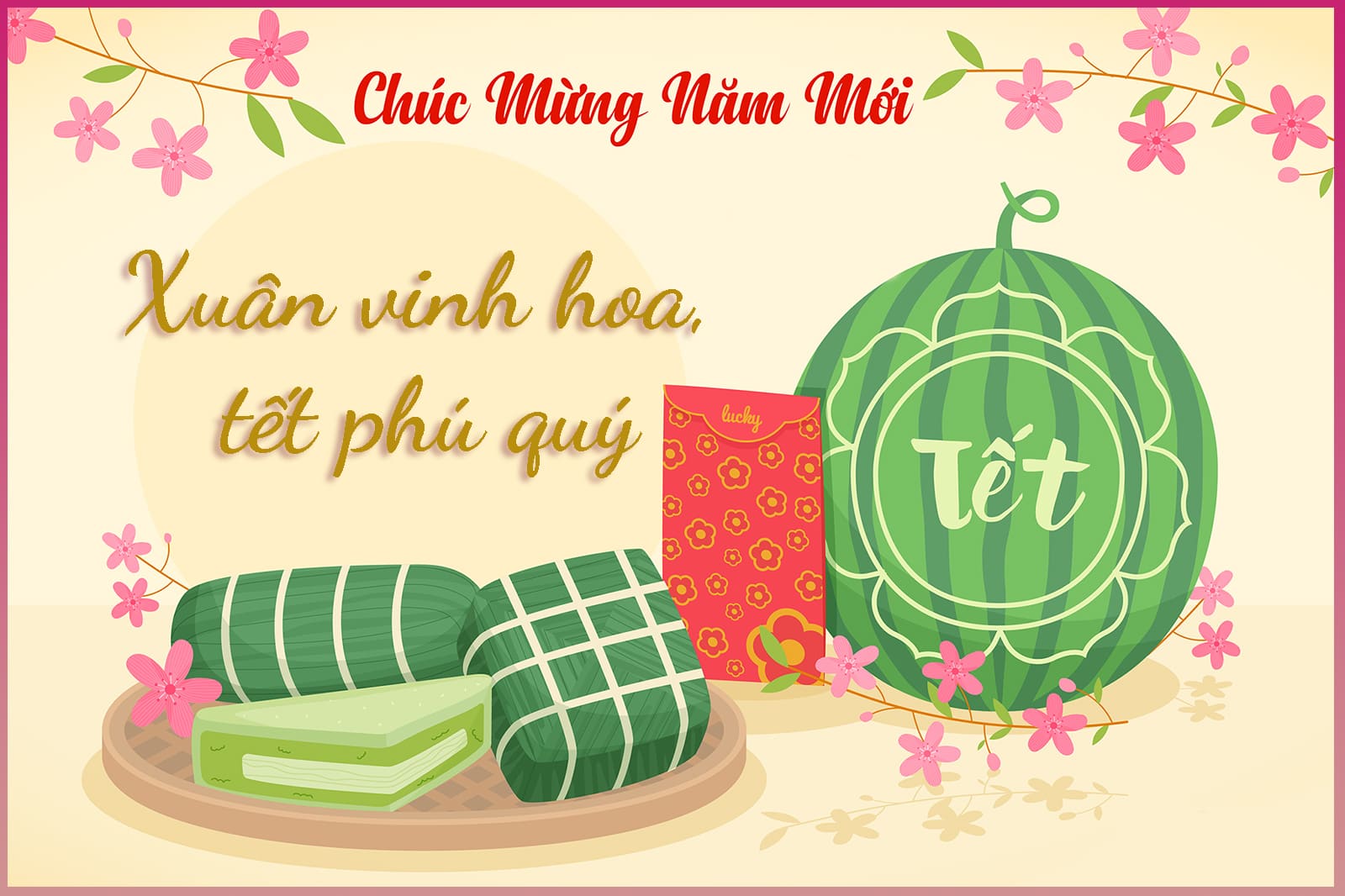 Thiệp Tết bánh chưng được in ấn hình ảnh bánh chưng xanh, dưa hấu đỏ ấn tượng Thiệp Tết bánh chưng được in ấn hình ảnh bánh chưng xanh, dưa hấu đỏ ấn tượng